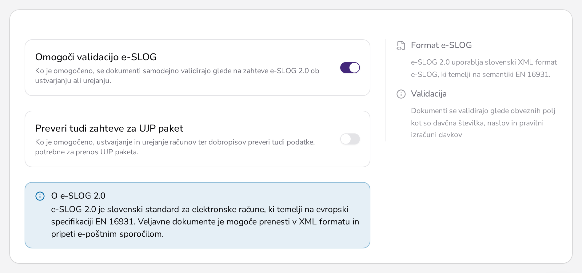 Nastavitve e-SLOG v Apollu s stikaloma za preverjanje e-SLOG in zahtev UJP paketa