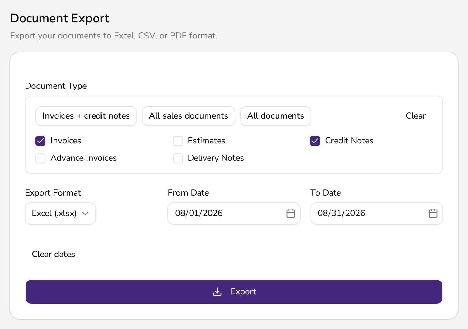 Document export in Apollo: document types, export format and date range