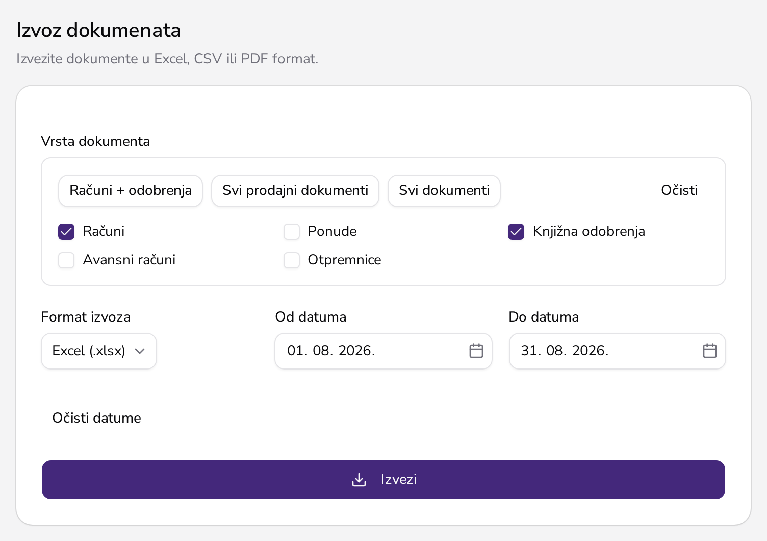 Izvoz dokumenata u Apollu s odabirom vrste dokumenata, formata i razdoblja