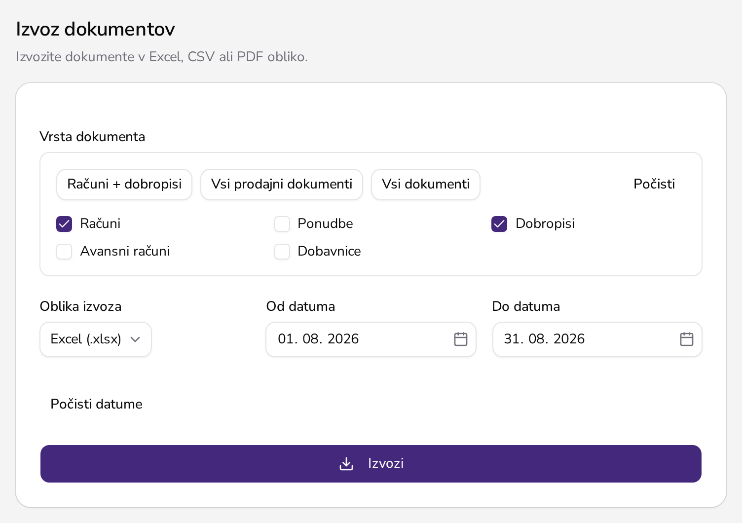 Izvoz dokumentov v Apollu: vrste dokumentov, oblika izvoza in datumski razpon