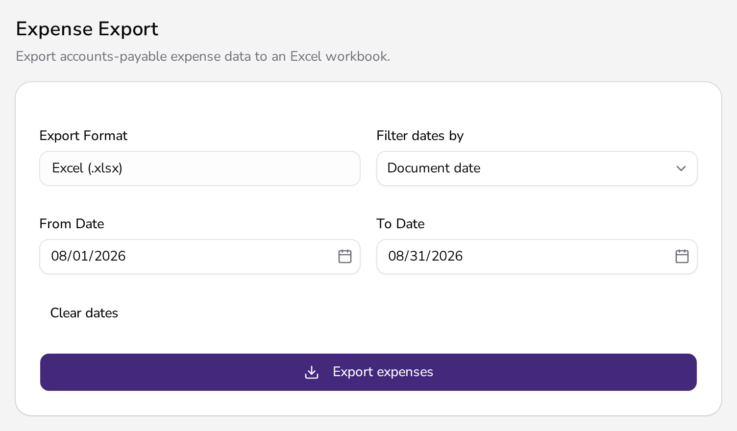 Expense export form in Apollo