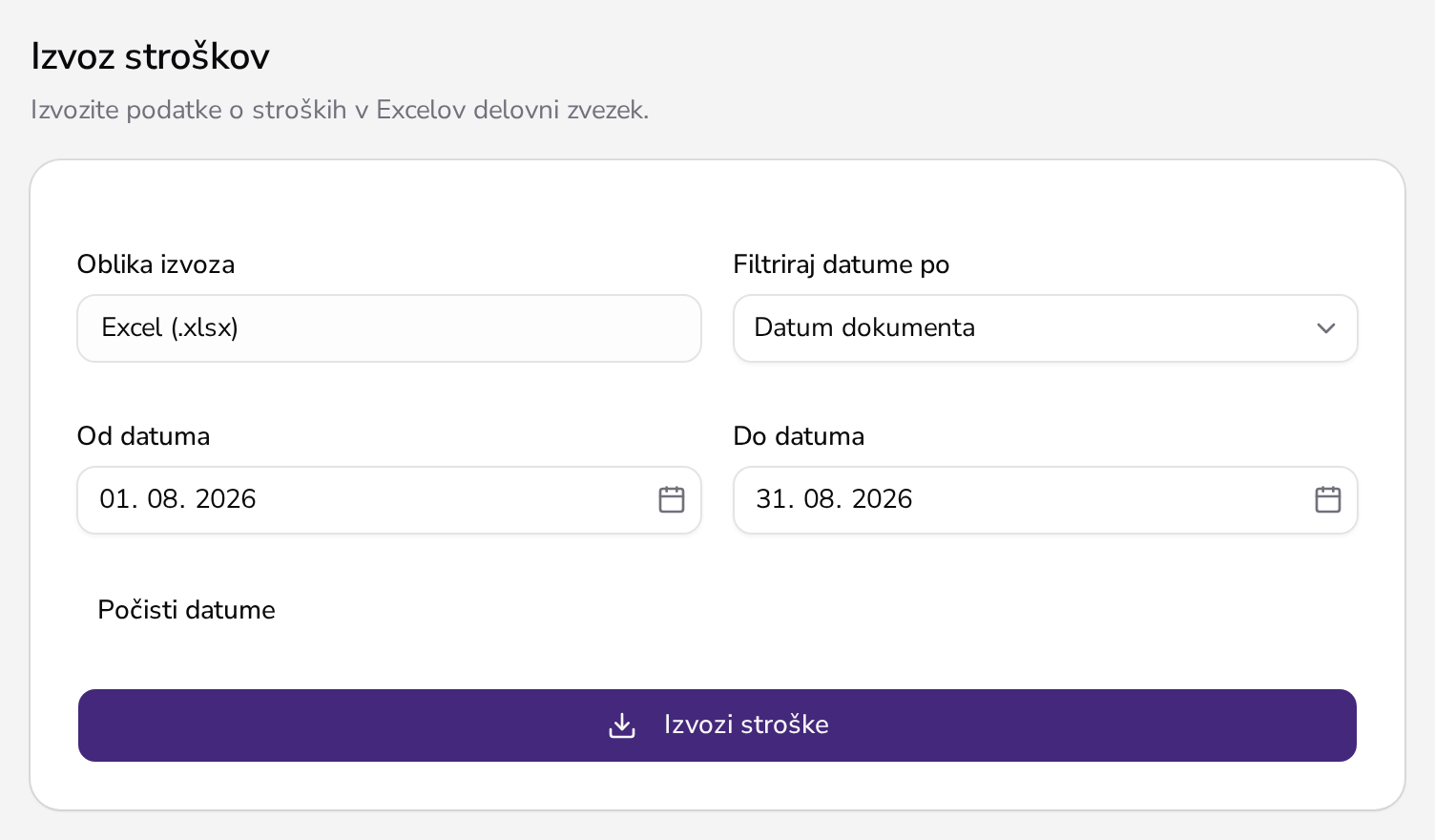 Obrazec za izvoz stroškov v Apollu