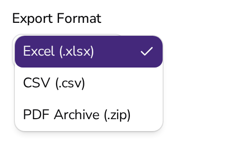 Export format options in Apollo: Excel, CSV and PDF ZIP archive