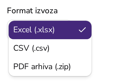 Odabir oblika izvoza u Apollu: Excel, CSV i PDF ZIP arhiva