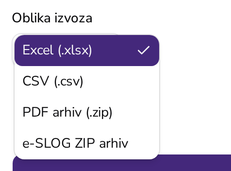 Izbira oblike izvoza v Apollu: Excel, CSV in arhiv PDF ZIP