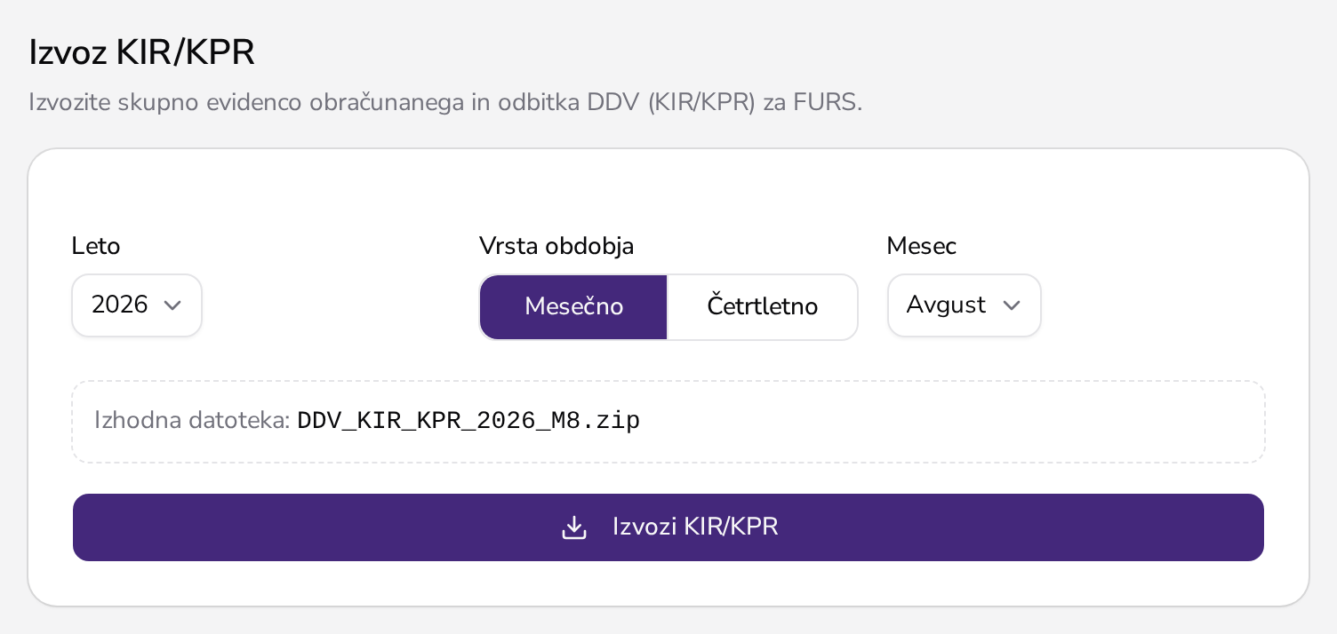 Izvoz KIR/KPR v Apollu: izbira leta in obdobja ter ime ZIP datoteke