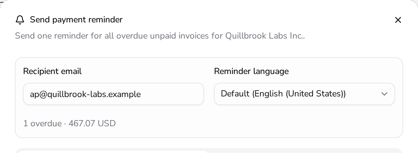 Payment reminder dialog in Apollo: recipient email, reminder language and the overdue amount