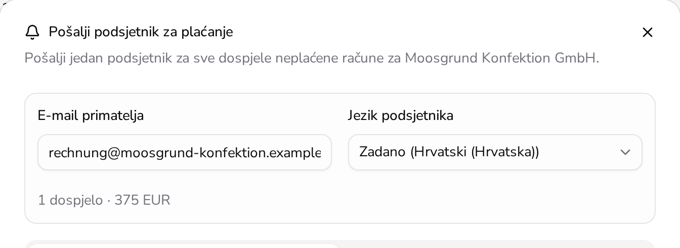 Prozor za podsjetnik na plaćanje u Apollu: e-pošta primatelja, jezik podsjetnika i dospjeli iznos