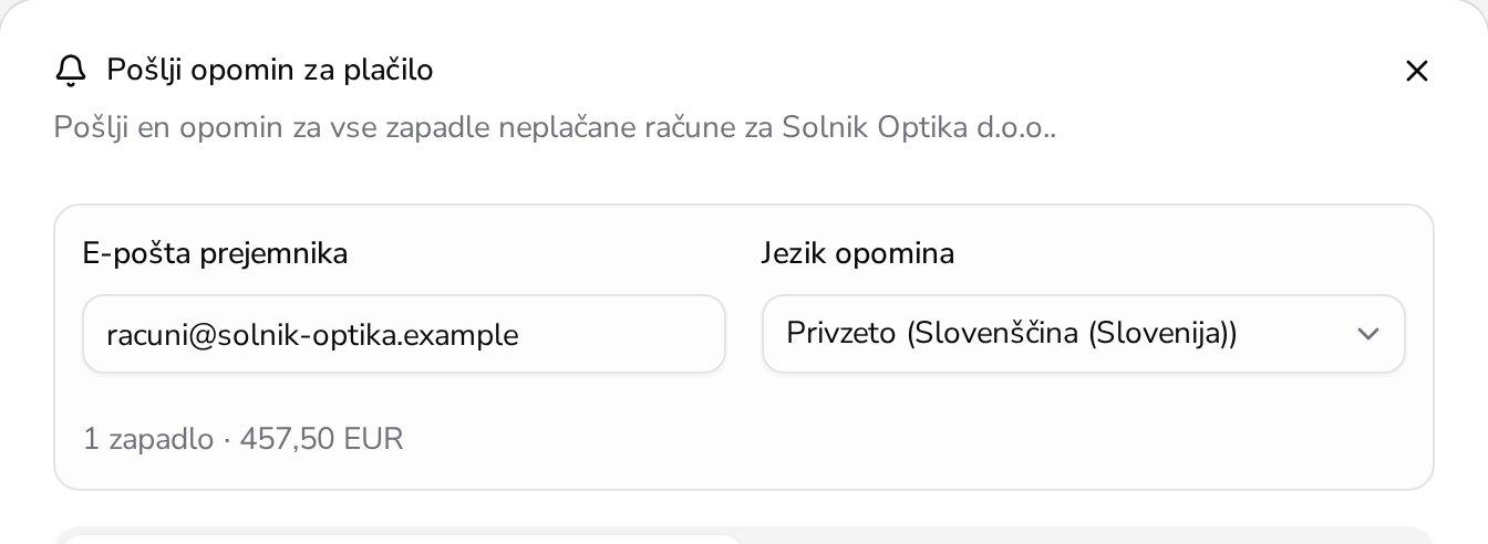 Okno za opomin za plačilo v Apollu: e-pošta prejemnika, jezik opomina in zapadli znesek