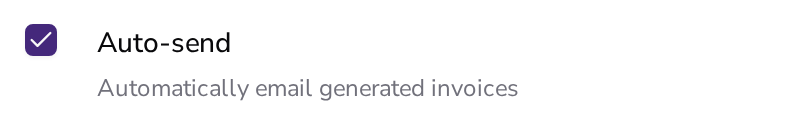 The Auto-send option ticked: generated invoices are emailed to the customer