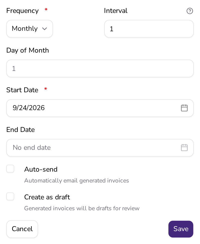 Schedule fields in Apollo: frequency, interval, day of month, start date and end date
