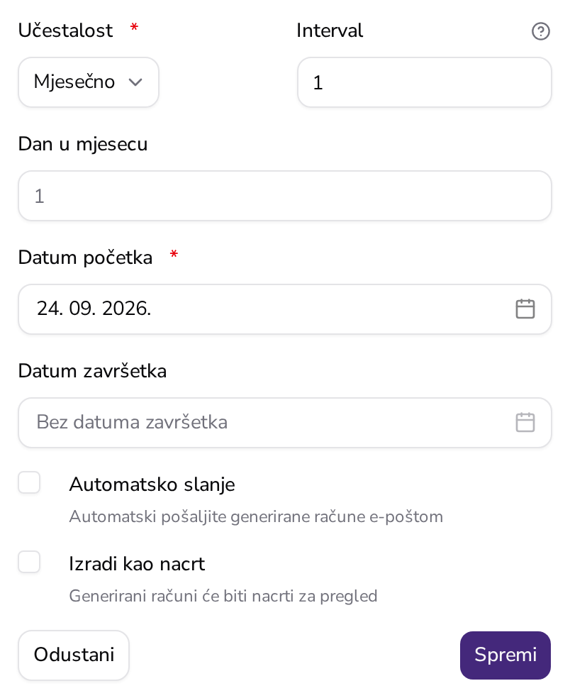 Polja rasporeda u Apollu: učestalost, interval, dan u mjesecu, datum početka i datum završetka