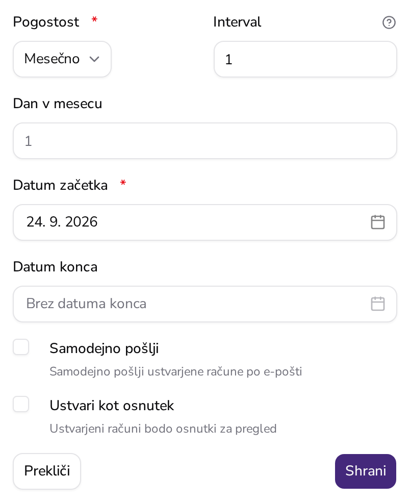 Polja urnika v Apollu: pogostost, interval, dan v mesecu, datum začetka in datum konca