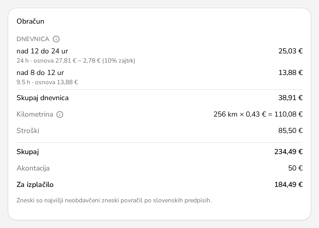 Izračun dnevnice, kilometrine in stroškov z akontacijo in zneskom za izplačilo