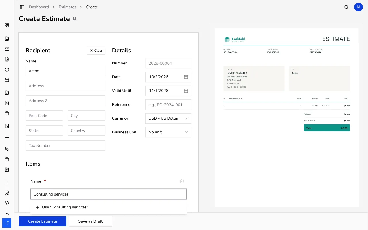 New estimate form with a customer selected and line items added