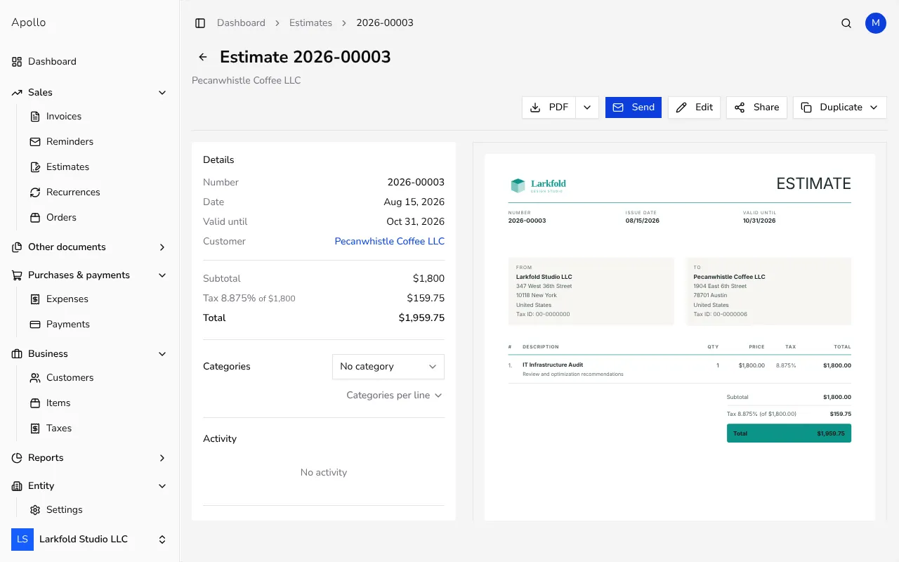 Issued estimate view with share and PDF download buttons
