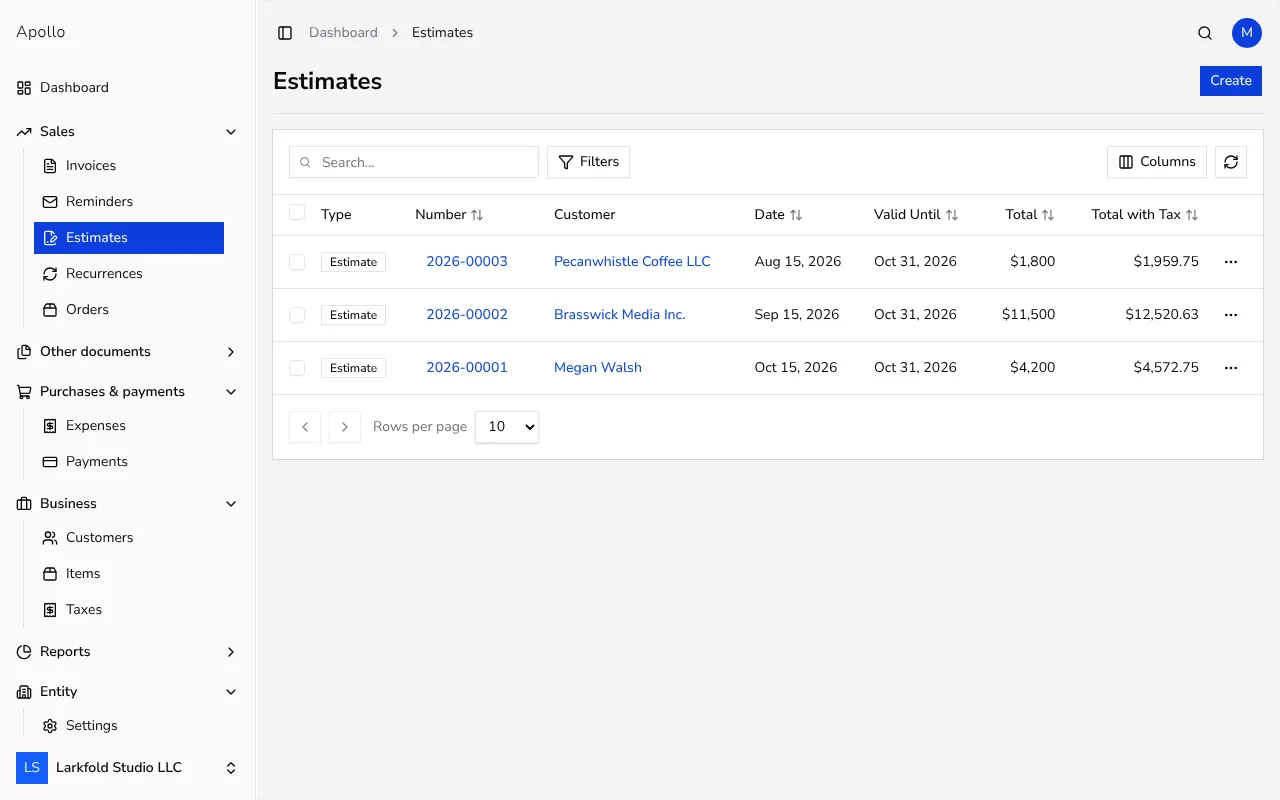 List of estimates in Apollo with a button for creating a new one
