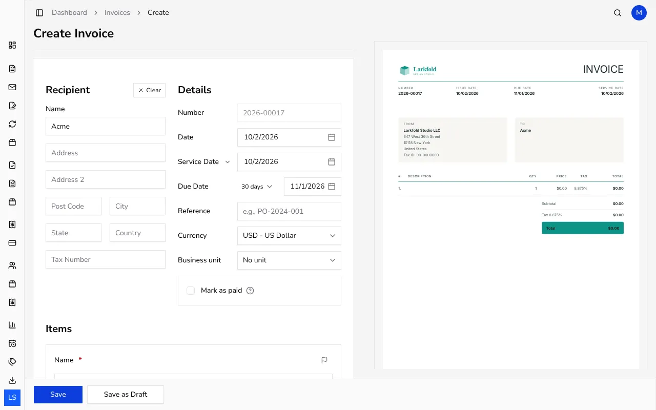 Recipient section with customer name search and address fields filled in