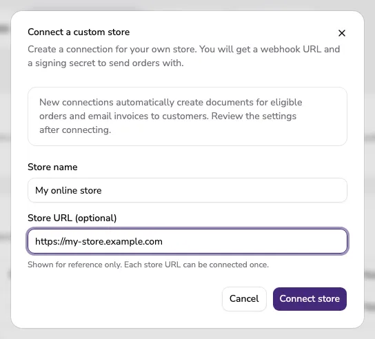 Connect a custom store dialog with the Store name and Store URL fields filled in