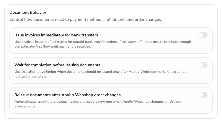 Document Behavior section of the Edit Integration dialog with bank transfer, completion and reissue options