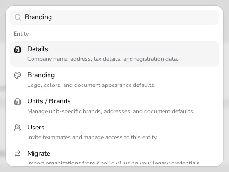 Open search box showing matching pages and settings results