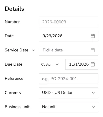 Details panel of the invoice edit form with the Number field locked to its original value