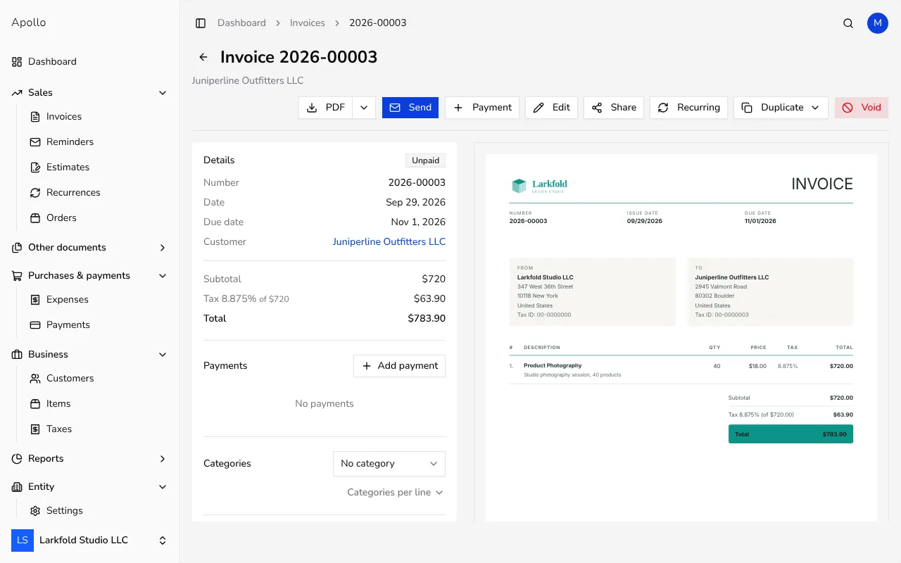 Invoice page with the Edit button in the action bar