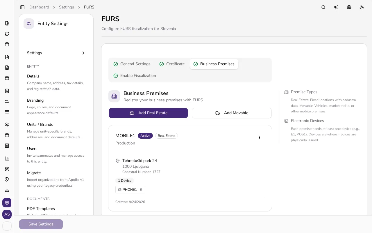 Business Premises tab with premise MOBILE1, Active and Real Estate badges, an address, and one registered device