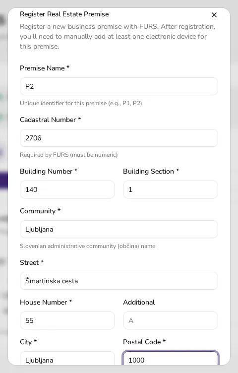 Register Real Estate Premise dialog in Apollo filled with cadastral number 2706, building number 140 and building section 1
