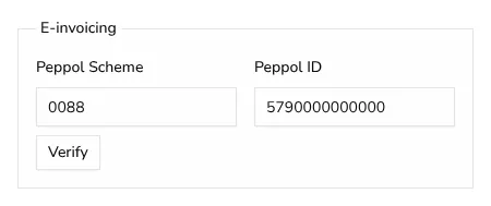 E-invoicing section of the customer form with Peppol Scheme 0088, Peppol ID 5790000000000 and a Verify button