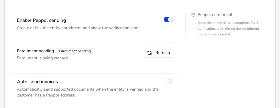 Close-up of the enabled Enable Peppol sending switch, an Enrollment pending status card with a Refresh button, and the Auto-send invoices switch