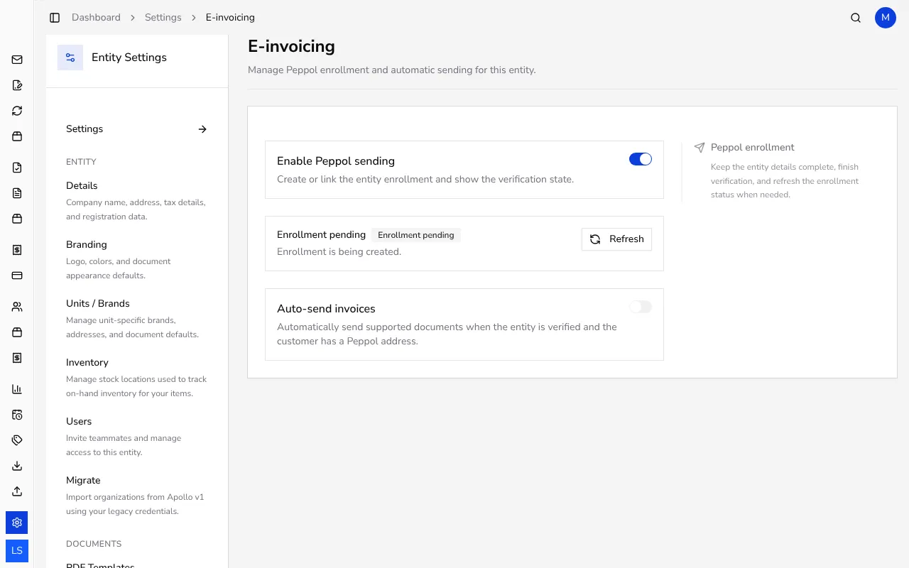 E-invoicing settings page with the Enable Peppol sending switch on and a status card showing Enrollment pending
