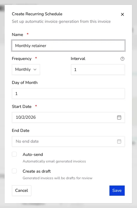 Open Create Recurring Schedule drawer with name and frequency fields