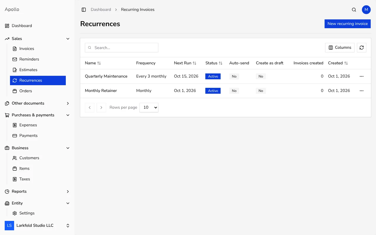 Recurring schedules list showing frequency, status and invoices generated