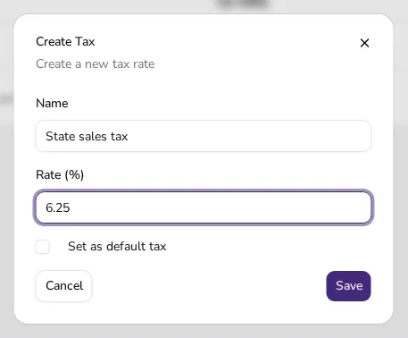 Form for adding a new tax rate with a name and percentage field