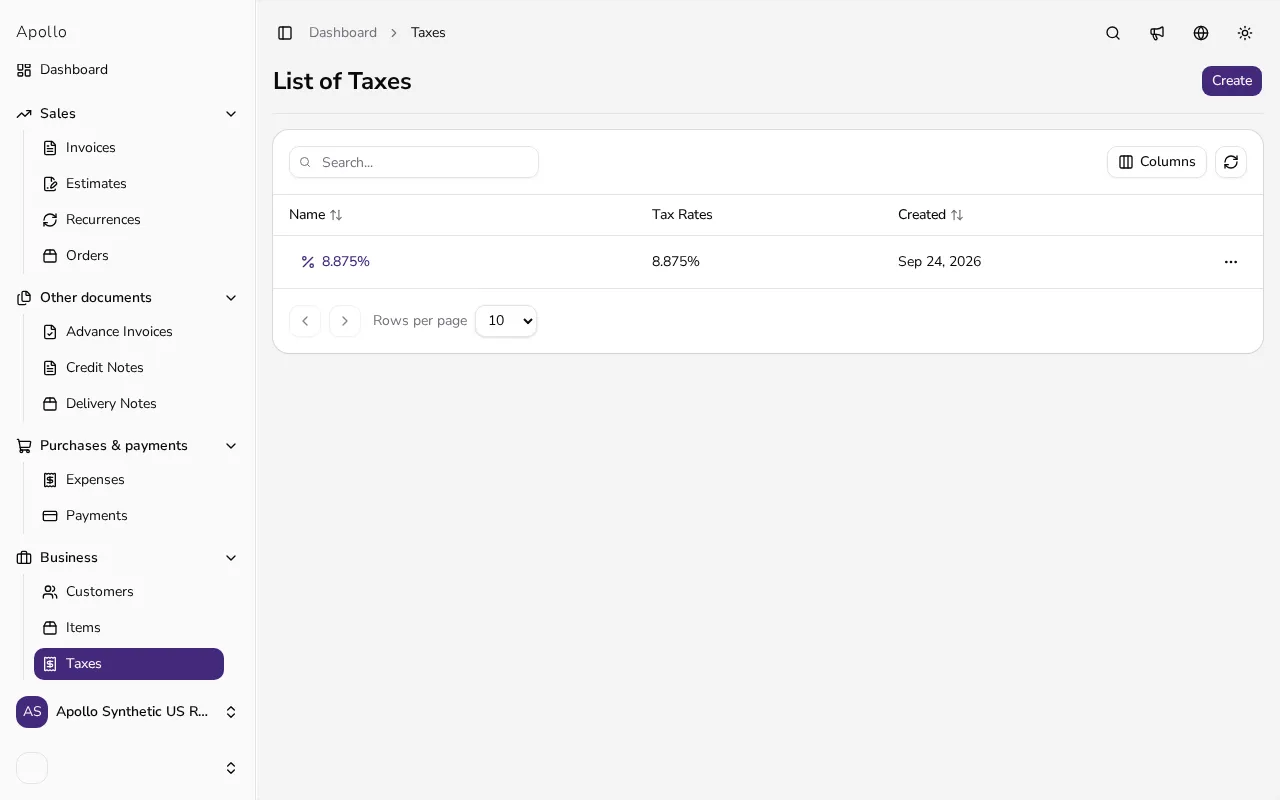 List of tax rates in Apollo with a button for creating a new one