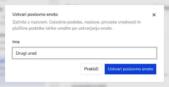 Pogovorno okno za ustvarjanje nove enote ali blagovne znamke s poljem za naziv