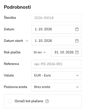 Izbirnik poslovne enote na obrazcu za račun s seznamom enot podjetja