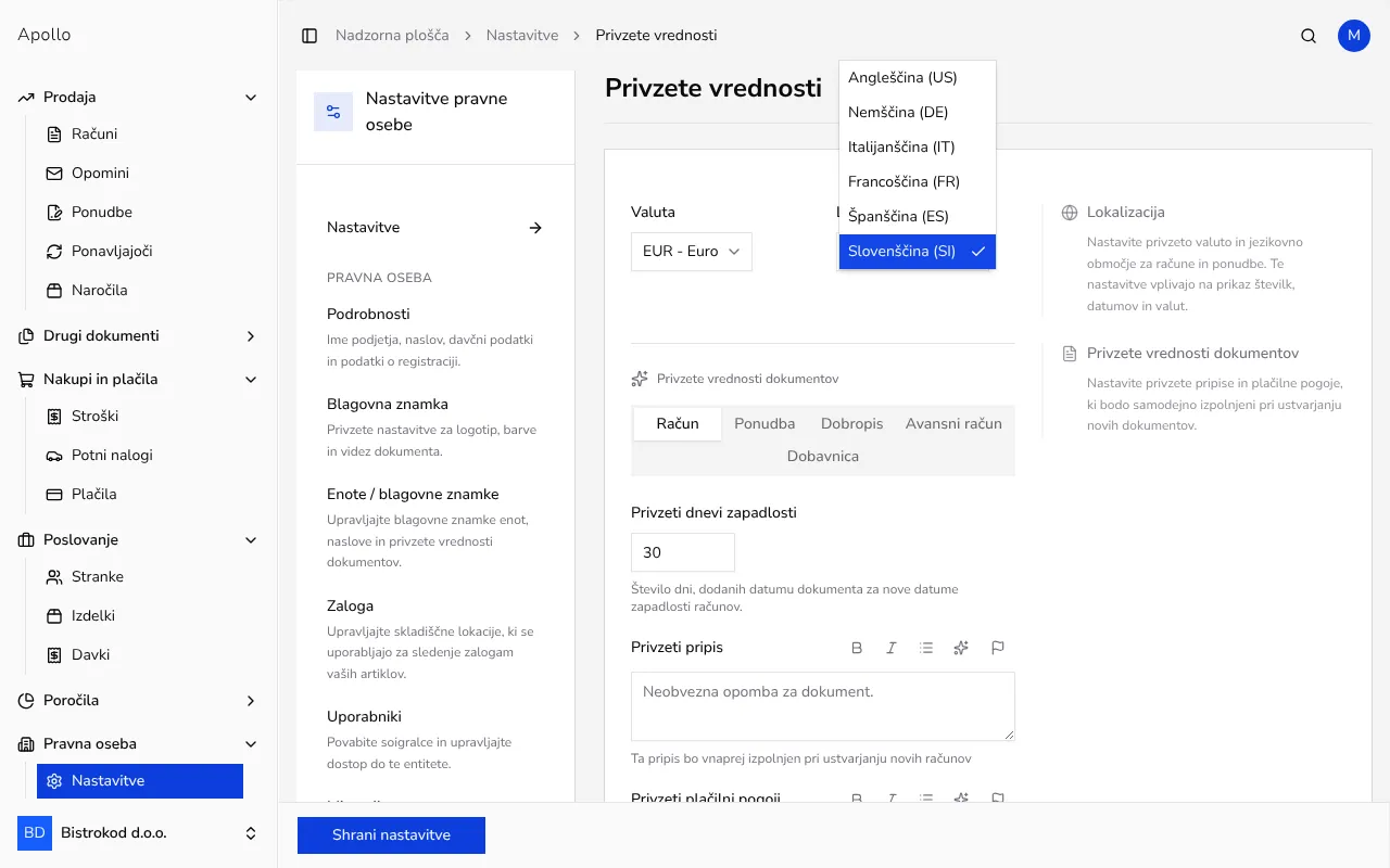 Stran privzetih vrednosti z razdelkom lokalizacije in odprtim menijem Lokalnost