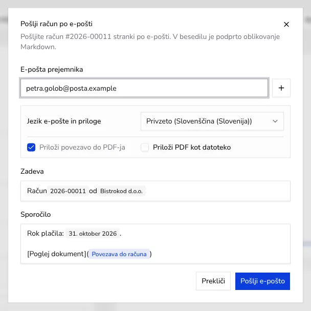 Pogovorno okno za pošiljanje e-pošte z odprtim poljem Jezik e-pošte in priloge
