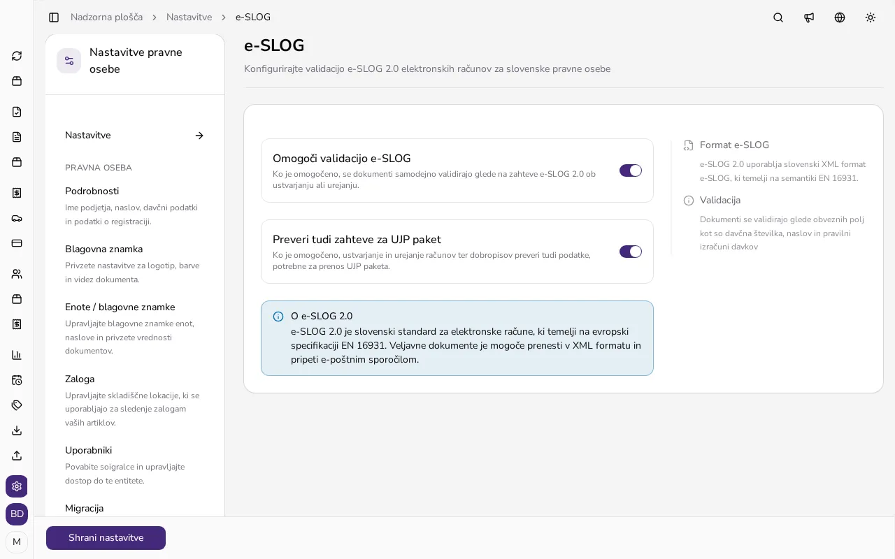 Stran nastavitev e-SLOG s stikaloma za validacijo e-SLOG in UJP paketa ter pojasnilom o standardu