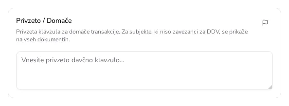 Razdelek Čezmejne davčne klavzule s poljem Privzeto / Domače in opisnim besedilom