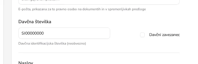 Približan prikaz polja Davčna številka in neoznačenega potrditvenega polja Davčni zavezanec