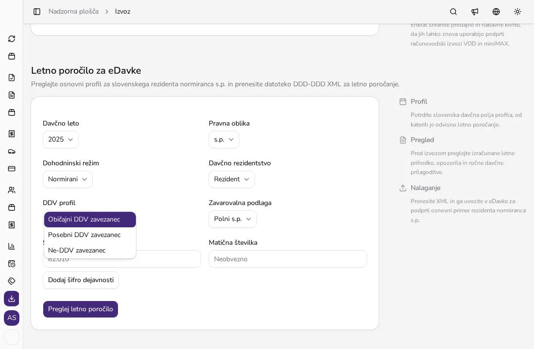 Odprt spustni seznam polja DDV profil z možnostmi Običajni, Posebni in Ne-DDV zavezanec