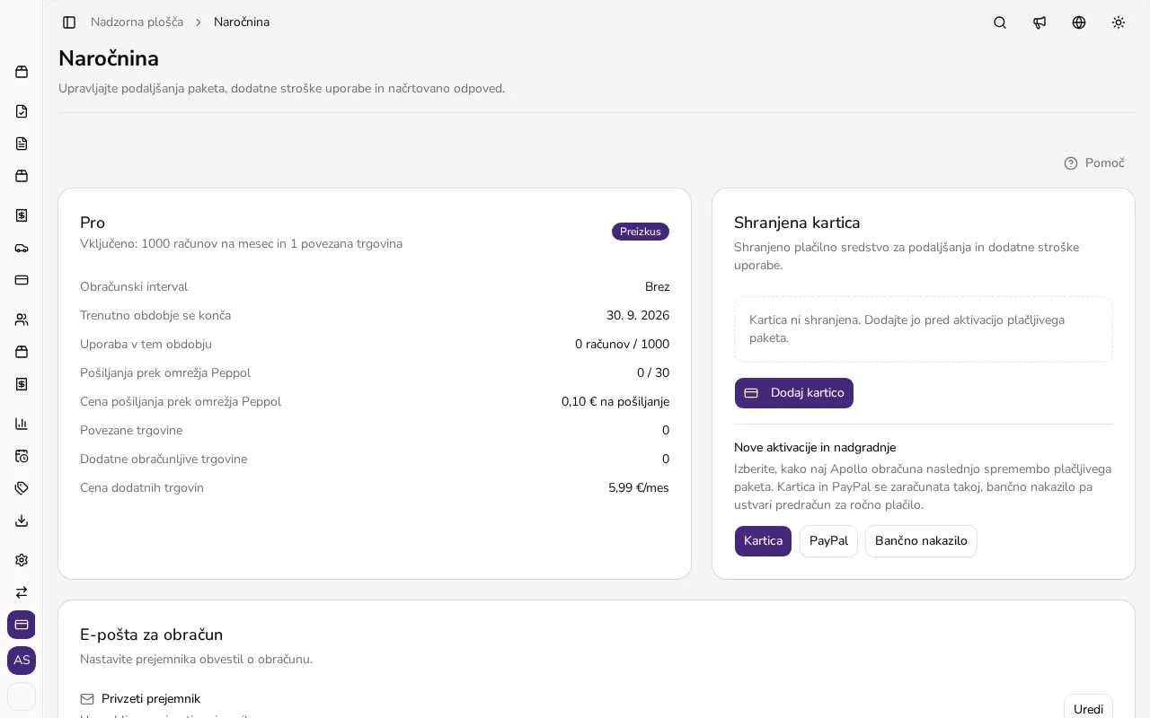 Pregled naročnine s trenutnim paketom, stanjem in datumom obnovitve