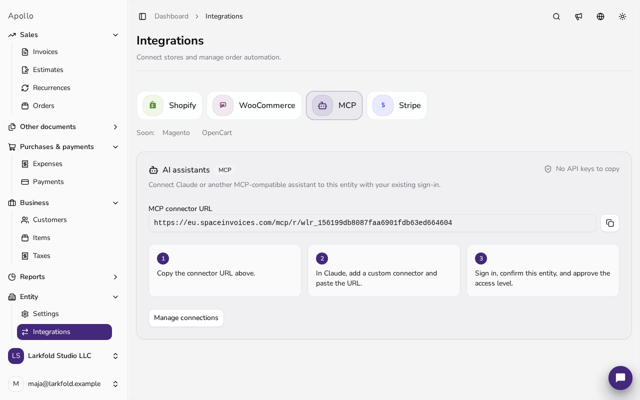 Laptop showing the Integrations → MCP tab in Apollo