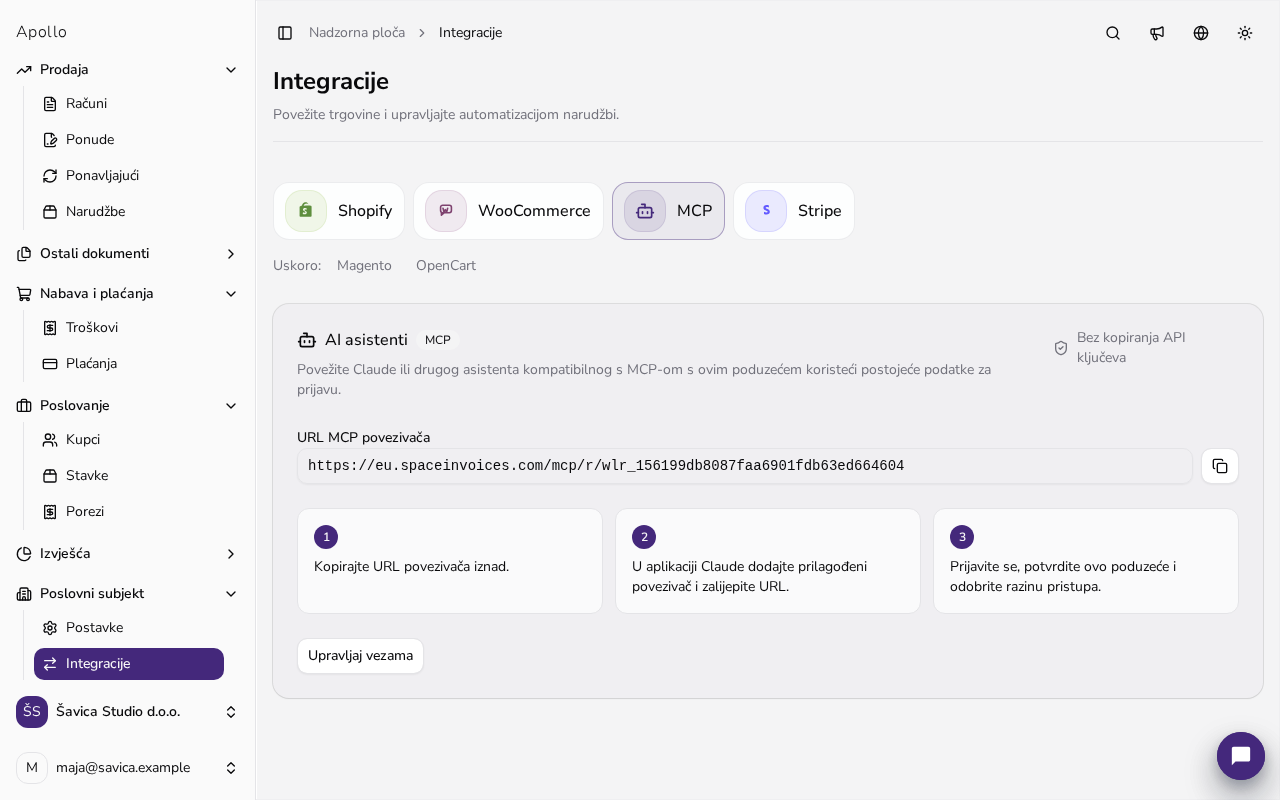 Prijenosno računalo s prikazom kartice Integracije → MCP u Apollu