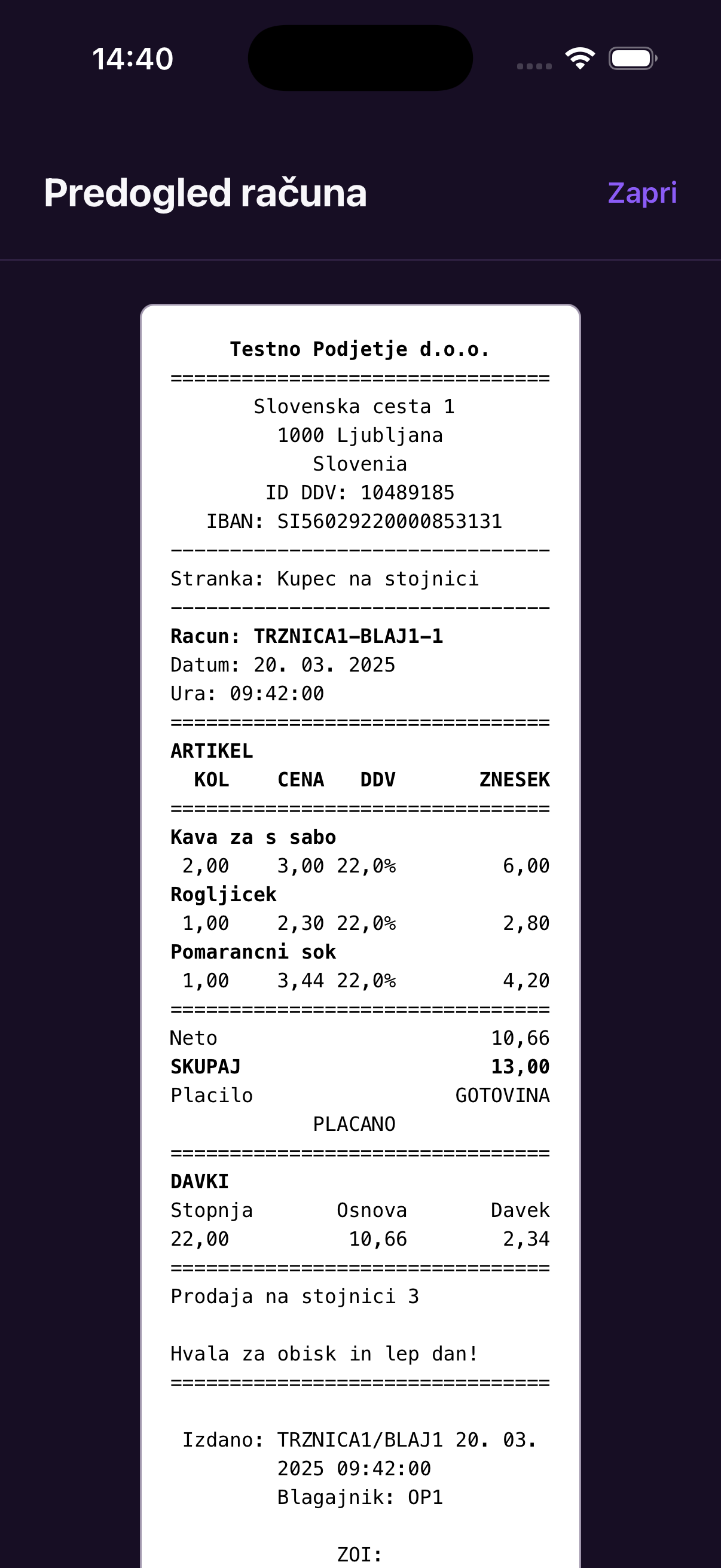 Apollo mobilna aplikacija — predogled računa