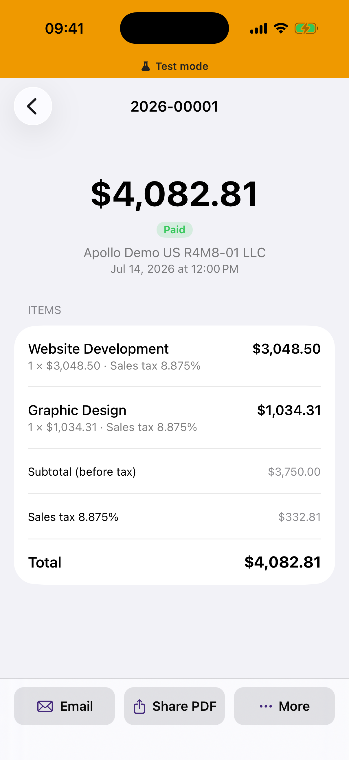 Issued invoice detail in the native Apollo iOS app